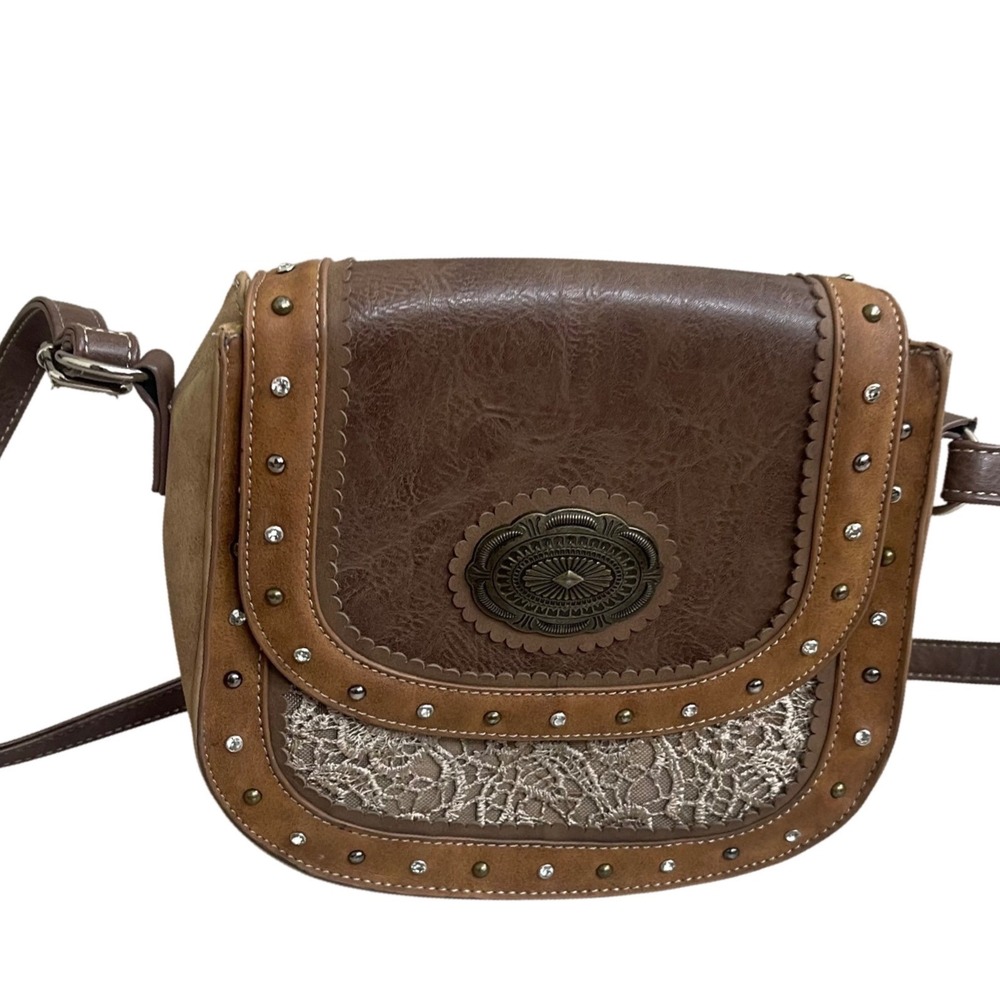 Justin Western Crossbody Bag Brown Faux Leather Rhinestone Studded Lace Concho